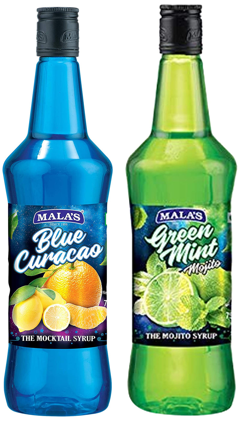 Mala's Fruit Mocktail Syrup, Blue Curacao Mocktail, 750ml & Fruit Mocktail Syrup Green Mint 750ml, 1 count