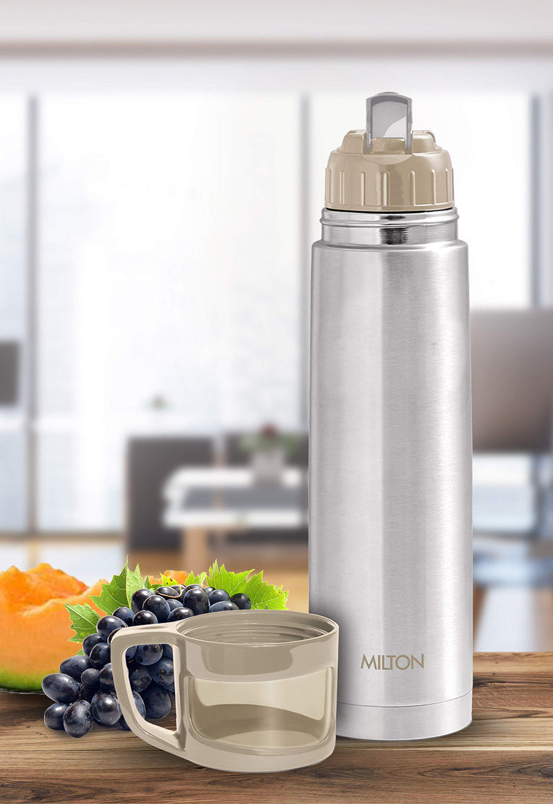 Milton Glassy 1000 Thermosteel 24 Hours Hot and Cold Water Bottle with Drinking Cup Lid, 1 Litre, Grey | Leak Proof | Office Bottle | Gym Bottle | Home | Kitchen | Hiking | Trekking | Travel Bottle