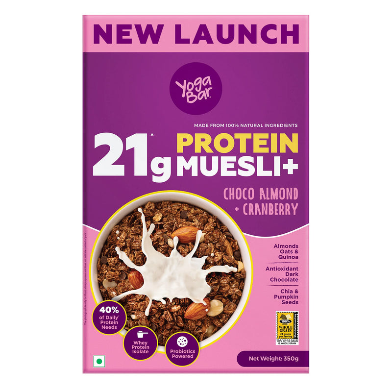 Yogabar Super High Protein Muesli 350g | 27g Protein | With Probiotics and Whey | No Refined Sugar | Easy on gut | Choco Almond | Protein Snack | High Fiber Food | Breakfast Cereal