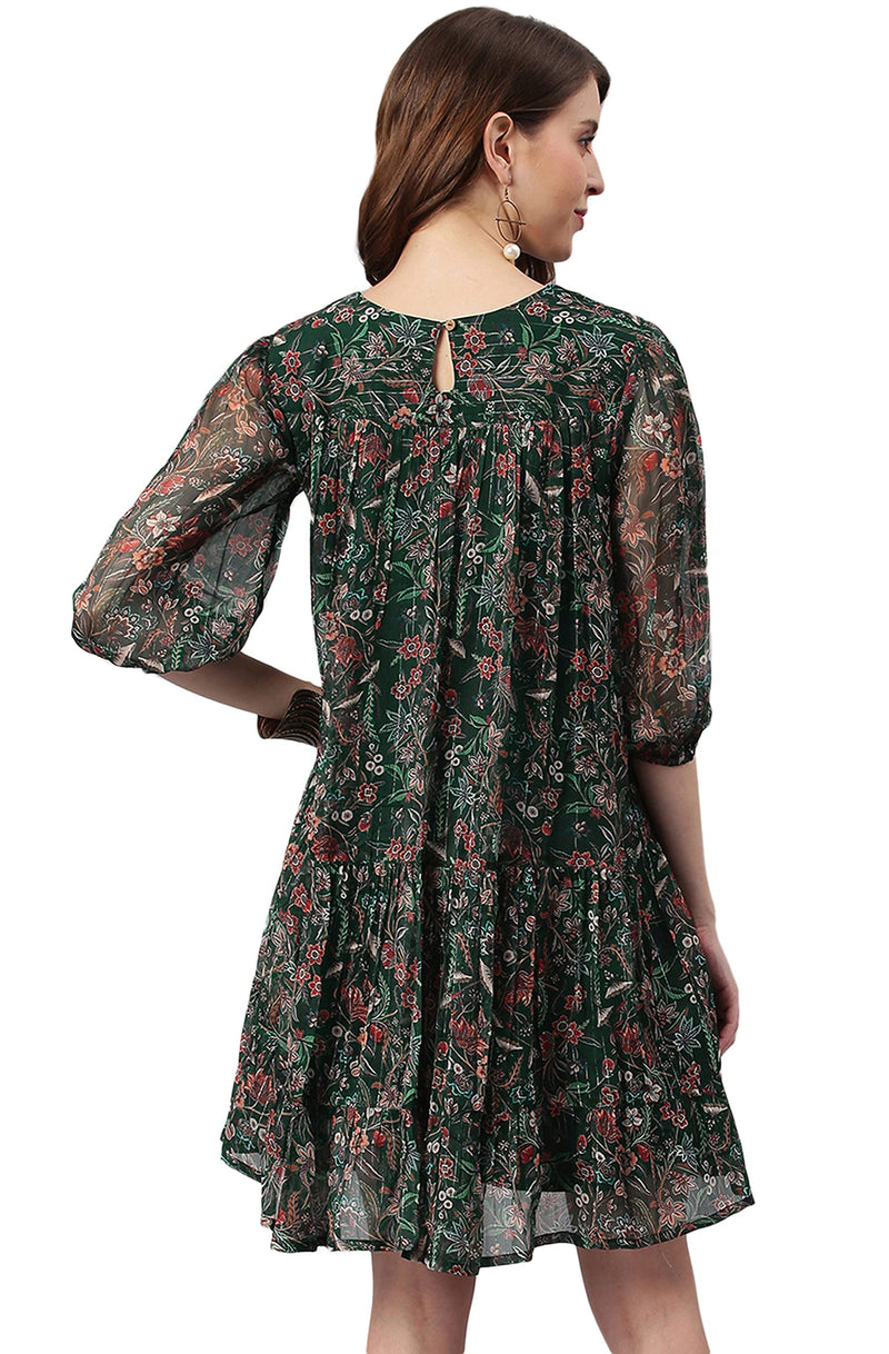 Janasya Women's Green Poly Georgette Floral Flared Western Dress(J0339-DR-L)