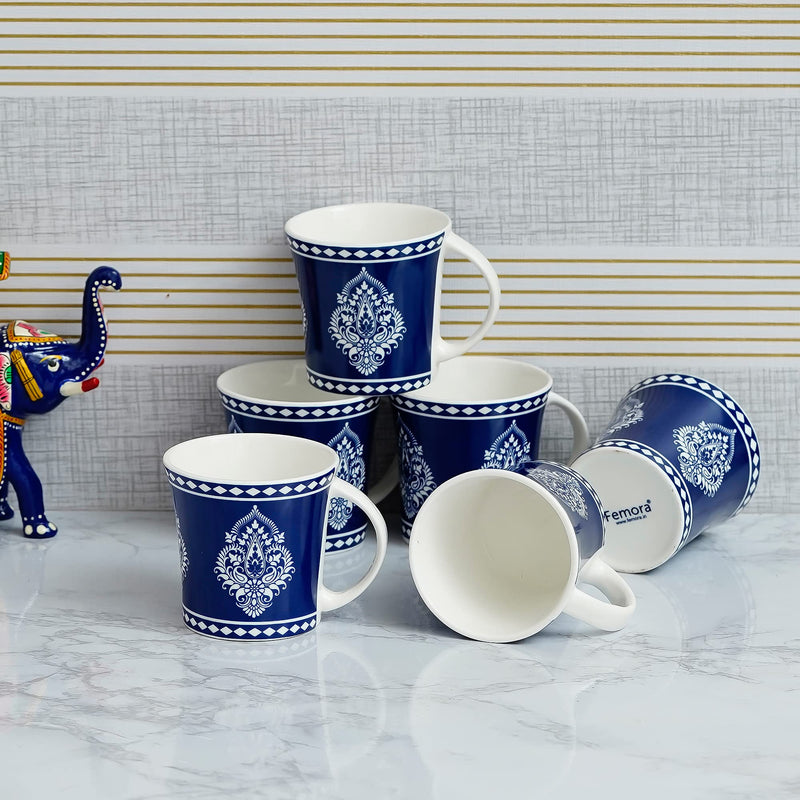 Femora Indian Ceramic Handmade Blue Block Print Tea Cup - 6 pcs, 160 ML - Small Serving