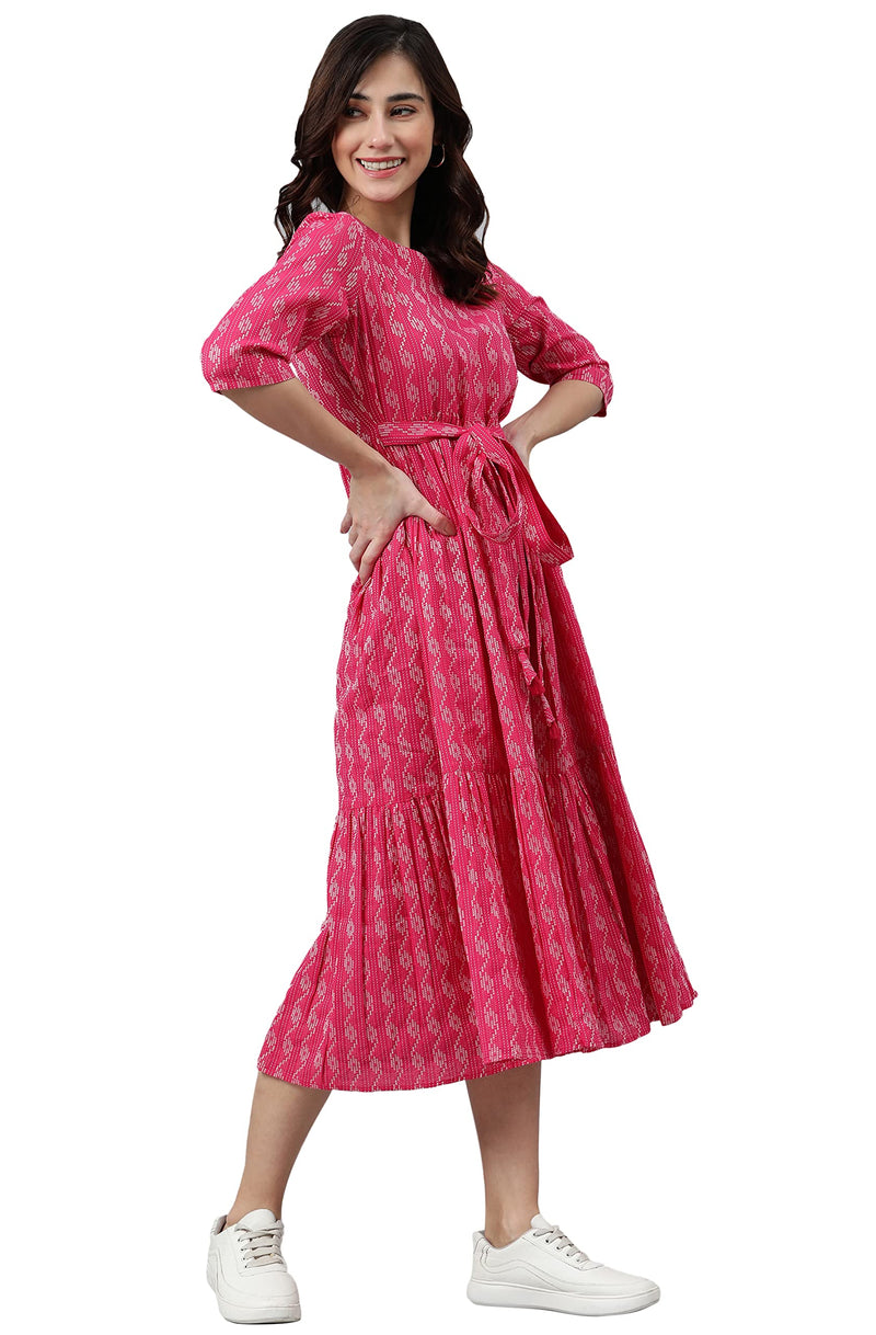 Janasya Women's Pink Cotton Woven Design Tiered Dress(JNE3869-DR-L)