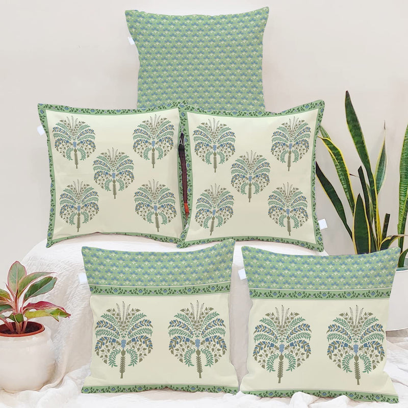 BRICK HOME Printed Home Decor Poly Cotton Cushion Covers Set of 5 (16 X 16 Inches) (White)