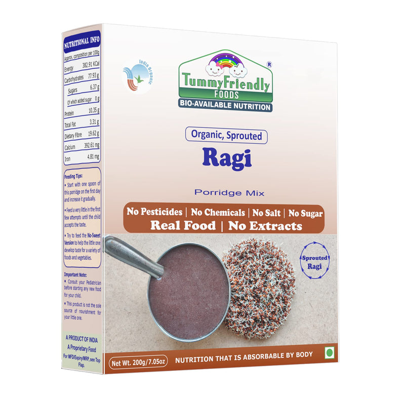 TummyFriendly Foods Certified Organic Sprouted Ragi Flour For Little Ones. Made of Organic Sprouted Ragi Powder | Ragi Flour for Baby, rich in Calcium, Iron, Fibre & Micro-Nutrients. Ragi Sari Nachani Satva. No Sugar, No Salt, No Milk, No Chemicals, No Pe