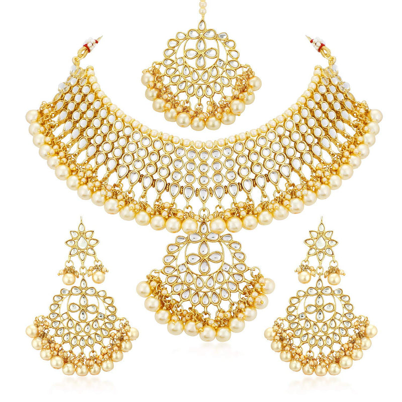 Sukkhi Trendy Kundan Gold Plated Wedding Jewellery Pearl Choker Necklace Set for Women (N73544)