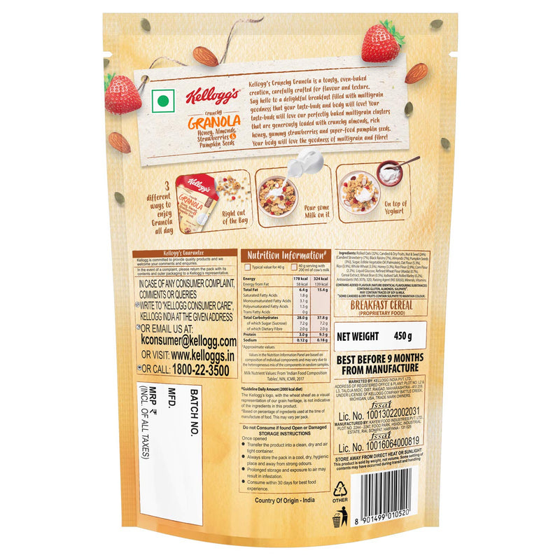 Kellogg's Combo, Kellogg's Chocos, High in Protein, B Vitamins, Calcium And Iron, 1.2kg Pack and Kellogg's Crunchy Granola Honey, Almonds, Strawberries & Pumpkin Seeds, 450 g