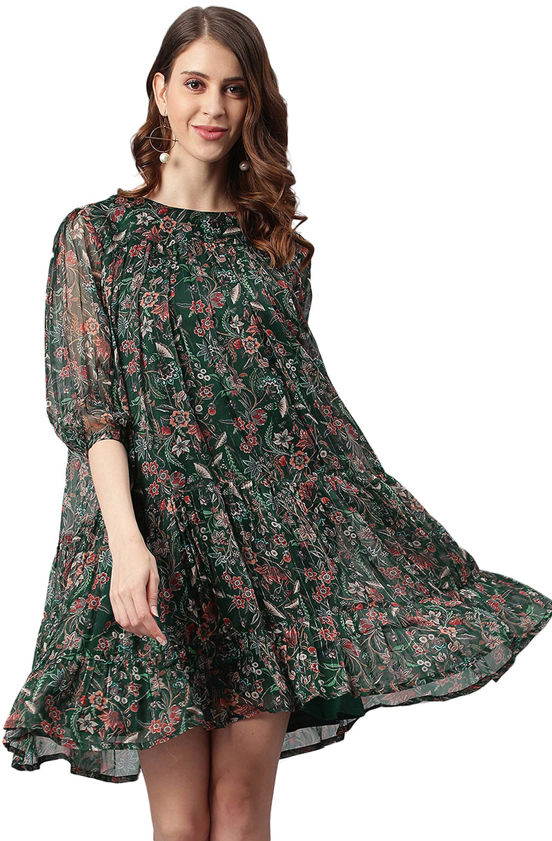 Janasya Women's Green Poly Georgette Floral Flared Western Dress(J0339-DR-L)