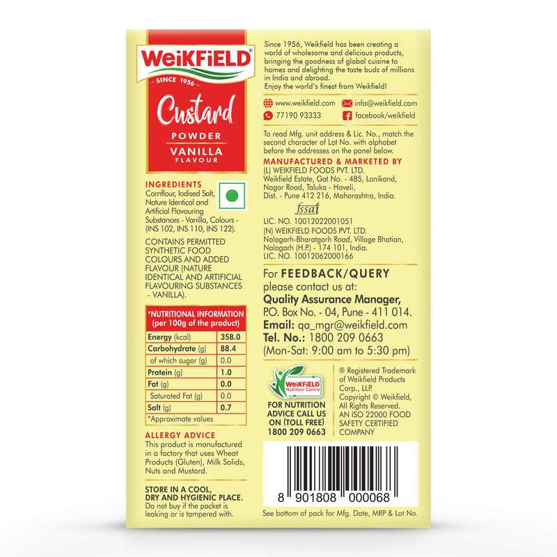 Weikfield Vanilla Custard Powder | Makes Smooth & Creamy Custard | Contains Quality Ingredients | Best for Fruit Salads & Puddings | 500g Carton