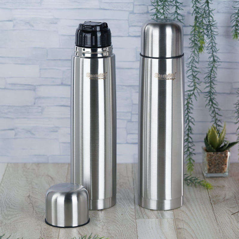 Sumeet Stainless Steel Double Walled Vacuum Flask/Water Bottle, with Flip Lid, 24 Hours Hot and Cold, 1000 ml, Silver - Set of 2 Pcs