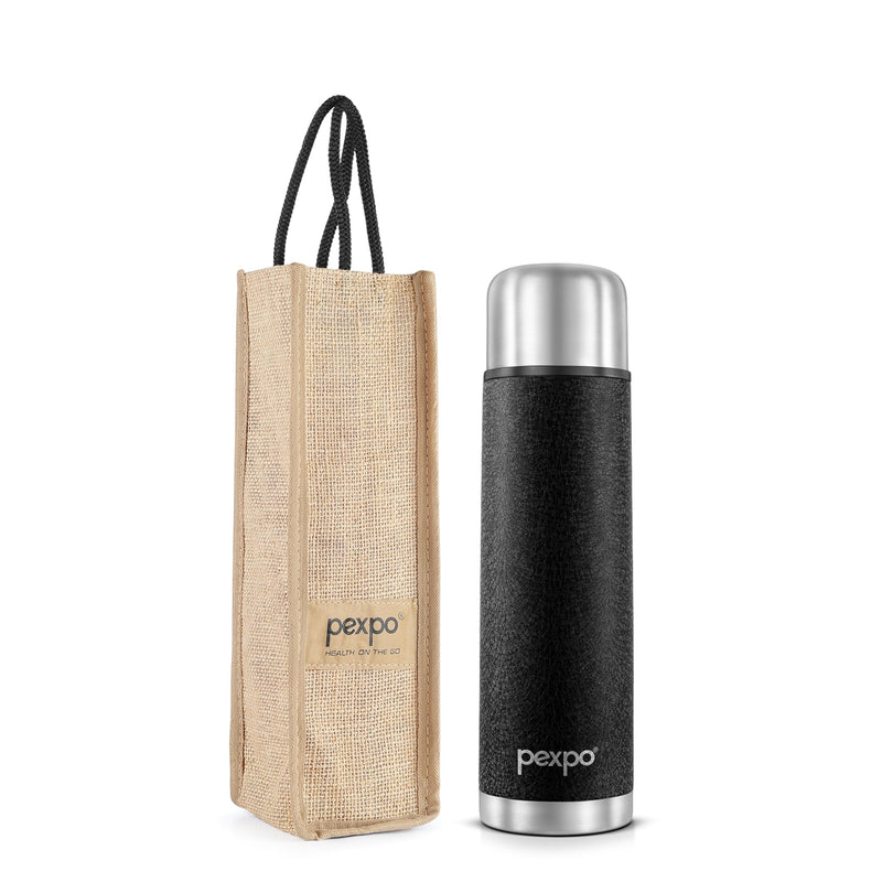 Pexpo 24 Hrs Hot & Cold Stainless Steel Insulated ISI Certified Flask with Jute Bag, 500ml, Black, Set of 1, Flamingo | Leak-Proof | Eco-Friendly | Office | Home | Kitchen | Traveling | Hiking Bottle