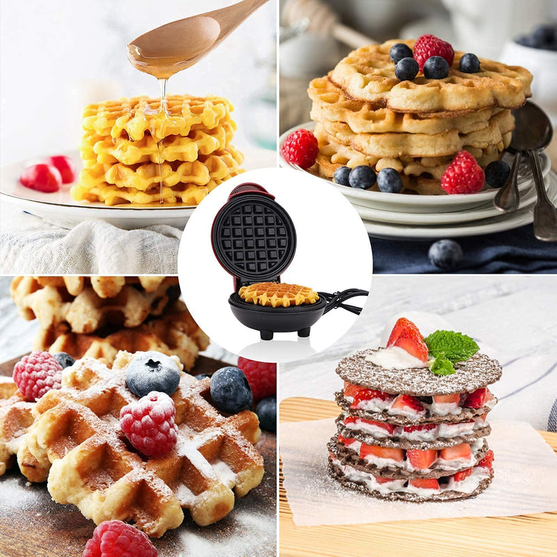 Kitchengenix's Mini Waffle Maker 4 Inch- 350 Watts: Stainless Steel Non-Stick Electric Iron Machine for Individual Belgian Waffles, Pan Cakes (Mini Waffle Maker + Waffles Recipe Book) (RED)