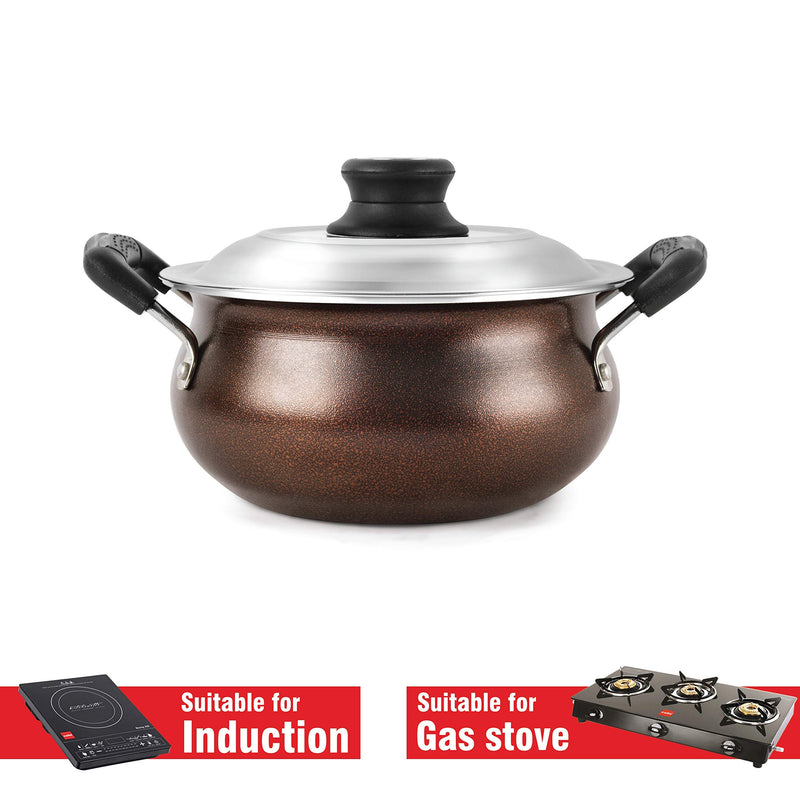 CELLO Non Stick Induction Compatible Gravy/Biryani Handi with Stainless Steel Lid, 2.5 LTR, Brown, 2.5 Liter