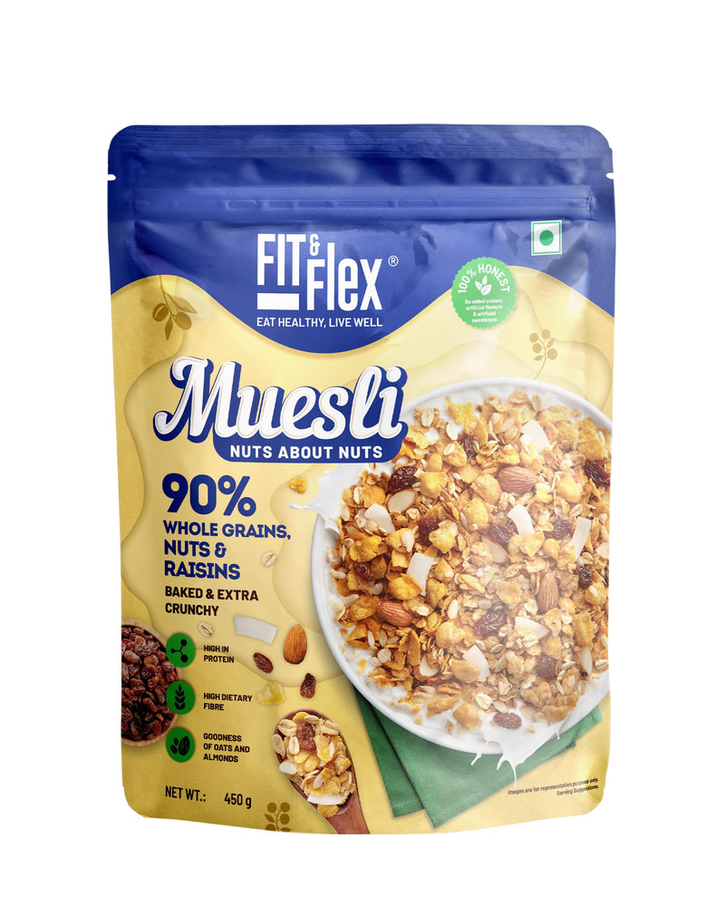 Fit & Flex Muesli Breakfast Baked and Crunchy Low Added Sugar Zero Cholesterol and Fibre Rich High In Protein Snacks Ready to Eat Healthy Oat Rich Cereal, Nuts About Nuts - Pack of 1, 450gm