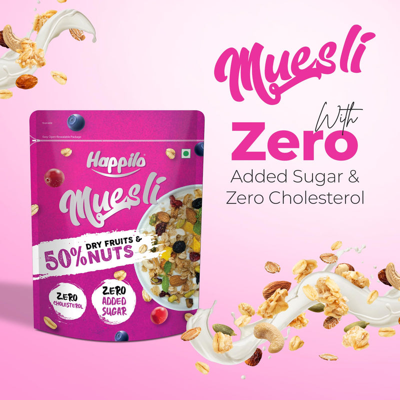 Happilo Loaded Fruit & Nuts Muesli 400g, Healthy Food for Breakfast, 50% Dried Fruits & Nuts, 4 Whole Grains, Prebiotics Fiber, Naturally Cholesterol Free, No Added Sugar