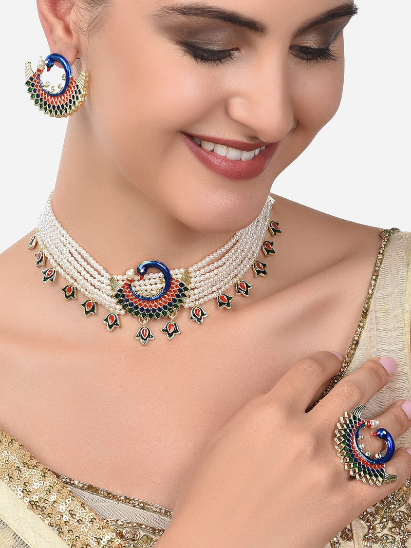 ZAVERI PEARLS Multicolor Meenakari Peacock Inspired Multistrand Pearls Choker Necklace Earring & Ring Set For Women-ZPFK14436