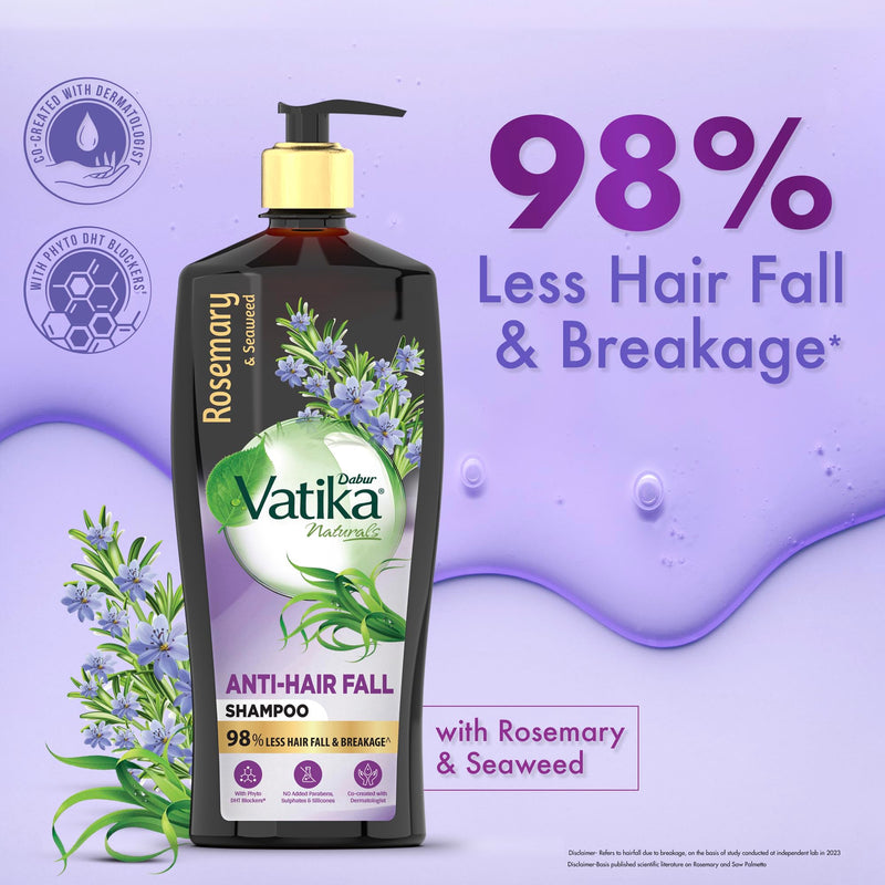 Dabur Vatika Rosemary & Seaweed Anti-Hairfall Shampoo - 640ml | Reduces Hair Fall | Stimulates Hair Growth and Thickness | Co-Created with Dermatologist | No Sulphates, Silicones & Parabens| Animal Test Free