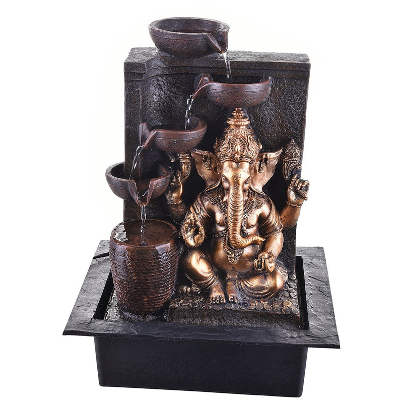 Indiana Craft Ganesha Polystone 5-Steps Indoor Table Top Fountain with LED Lights and Water Pump (Brown, Golden, 40 X 31 X 23 cm)