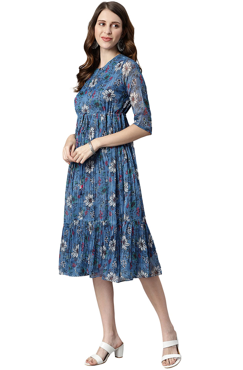 Janasya Women's Blue Poly Georgette Floral Flared Western Dress(J0341-DR-M)