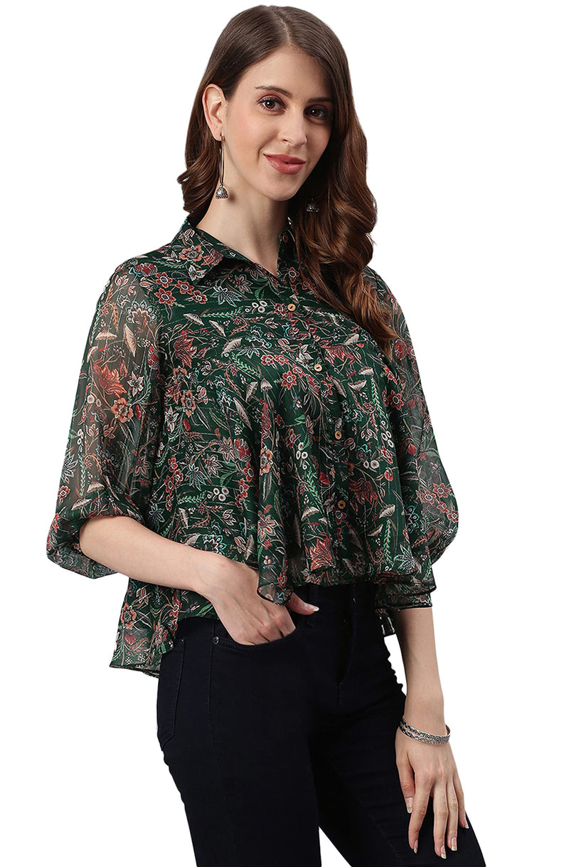 Janasya Women's Green Poly Georgette Floral Print Regular Top(J0340-TP-M)