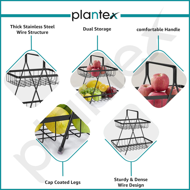 Plantex High Grade Steel 2-Tier Fruit & Vegetable Basket For Dining Table/Tiered Shelf Kitchen (Black)