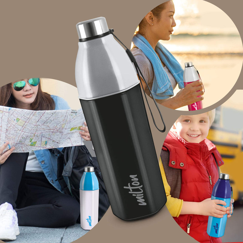 Milton Kool Hexone 1200 Insulated Water Bottle, 1.12 litres, Black | Leak Proof | Easy Grip | BPA Free | Easy to Carry | Odourless