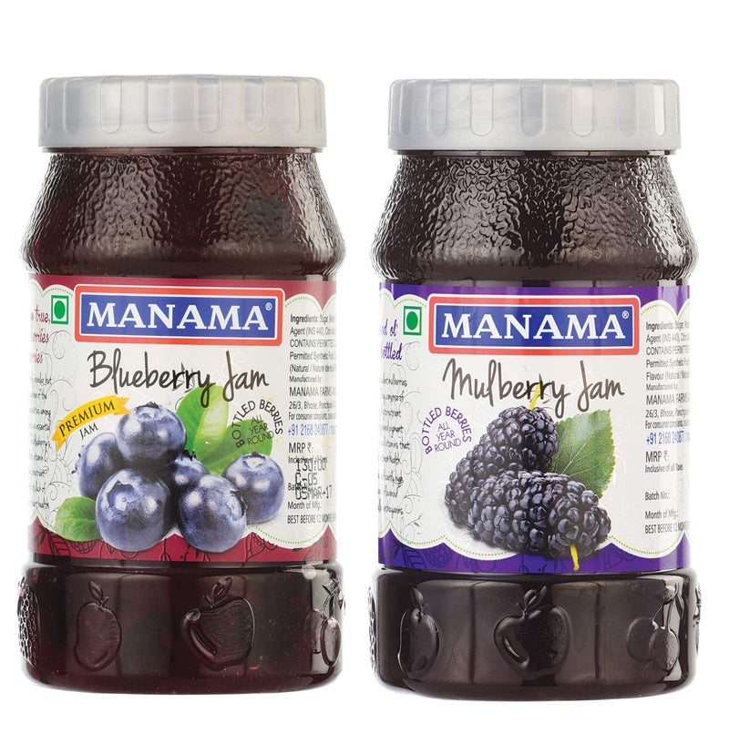 Manama Blueberry Fruit Jam and Mulberry Fruit Jam, 500GMS Each, Pack of 2