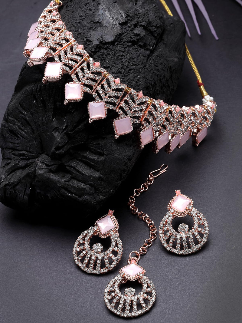 Sukkhi Seaside Rose Gold Plated Pink AD Stones & Beads Choker Necklace Set With Earring And Maangtika | Jewellery Set For Women (NS105560)