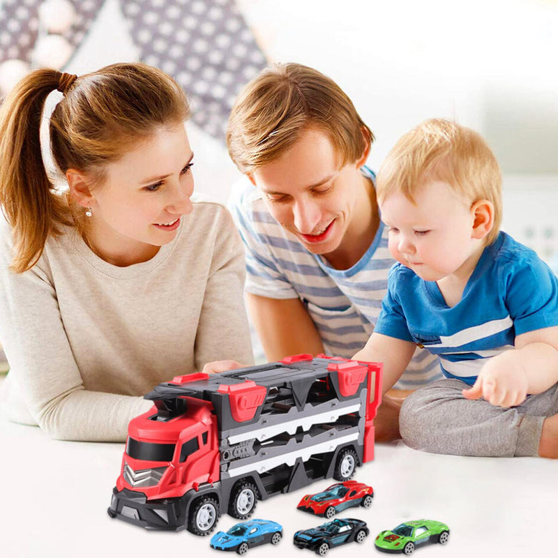 Kidology Mega Hauler Truck with Ejection Race Track- Large Truck Folding Children's Toy Car Includes 4 Alloy Car Track Racing Storage Container Toy for Kids (Red)