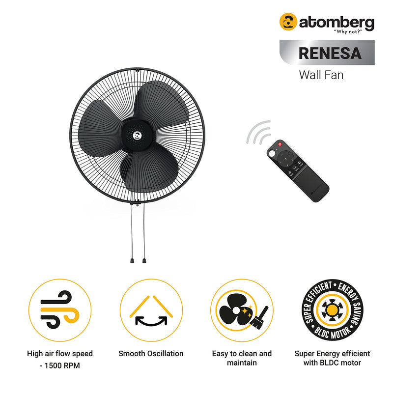 atomberg Renesa 400mm Wall Fan | Silent BLDC Fan | Remote with Timer & Sleep Control | 1+1 Year Warranty (Midnight Black)