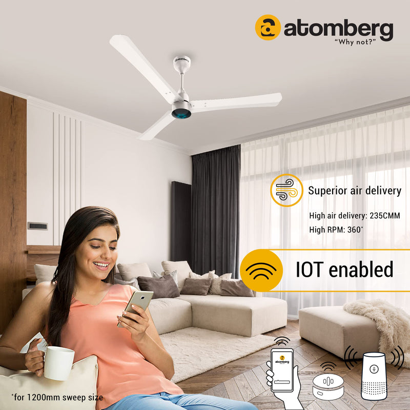 atomberg Renesa Smart+ 1200mm BLDC Motor 5 Star Rated Ceiling Fan with IoT and Remote | Smart and Energy Efficient Fan with LED Indicators | Saves Upto 65% Energy | 2+1 Year Warranty (Pearl White)