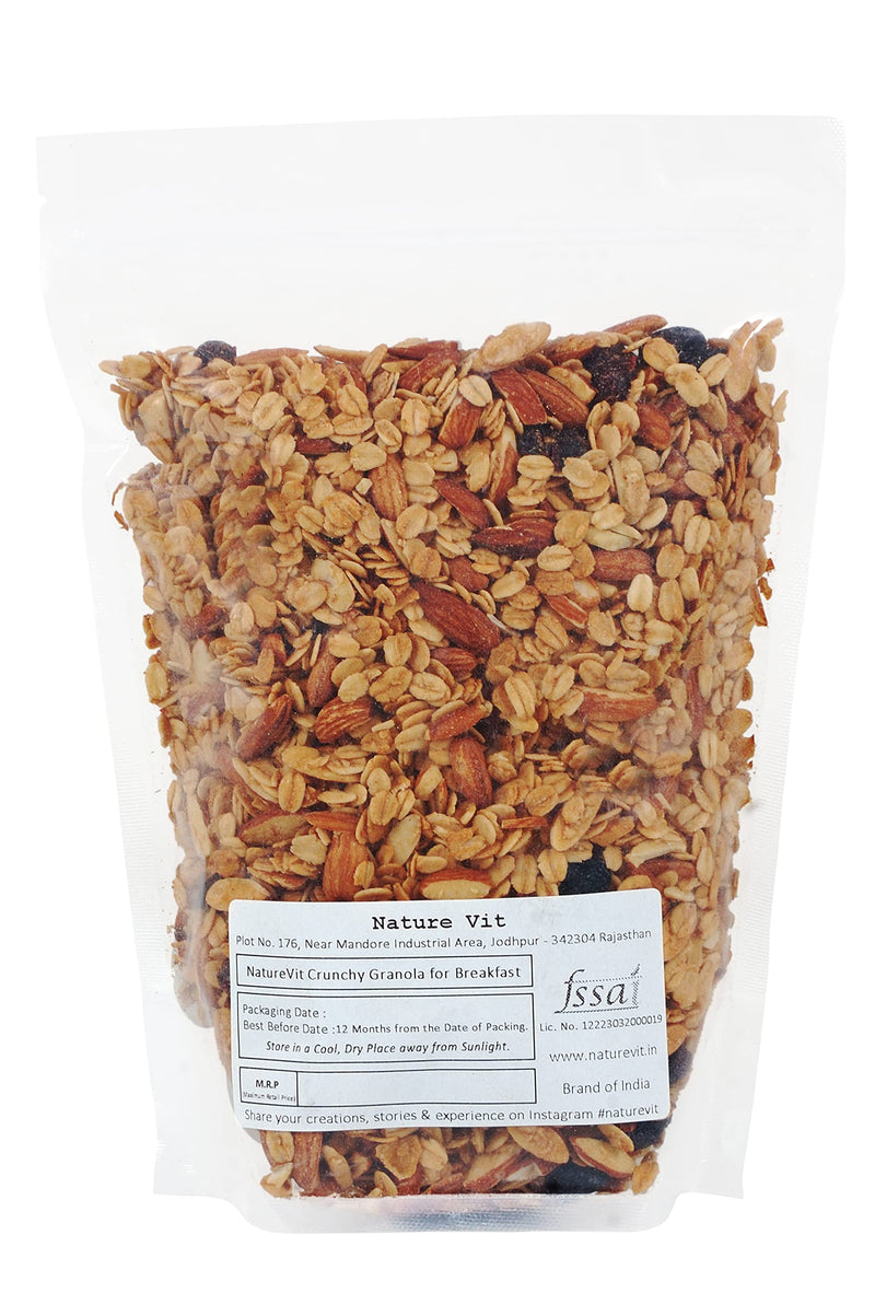 NatureVit Crunchy Granola for Breakfast, 200g | No Added Sugar | Healthy Cereal | 100% Wholegrain - [Honey, Almonds, Cranberries and Black Raisins]