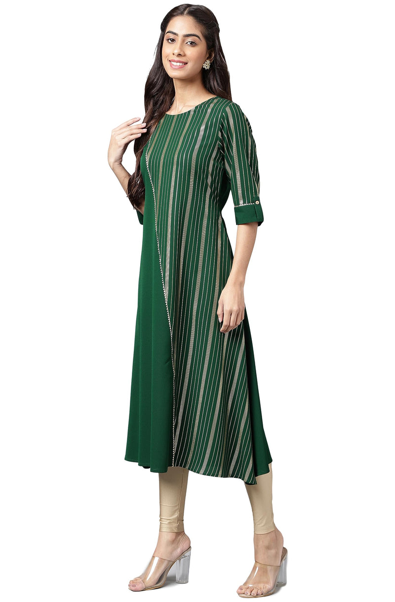 Janasya Women's Dark Green Crepe Foil Printed A-Line Kurta(JNE4234-KR-XXL)