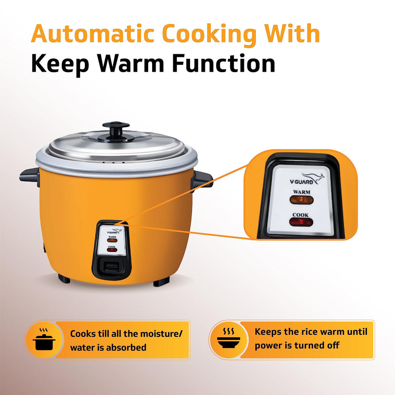 V-Guard VRCD 1.8 Litre Electric Rice Cooker, 5 Year Heating Plate & 2 Year Product Warranty, Automatic Cooking with Warm & Cook Functions, Pale Orange