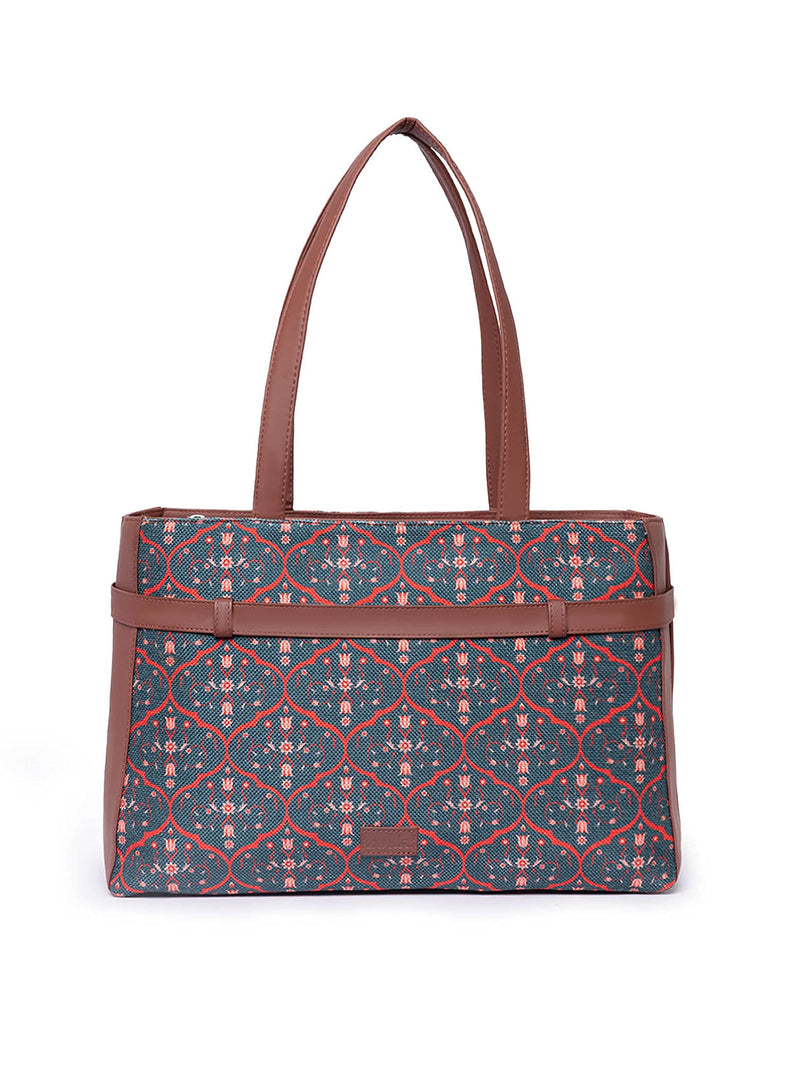 ZOUK Sheesh Mahal Jaali Motif Printed Women's Jute Handcrafted Vegan Leather Space Blue Statement Office Shoulder Bag