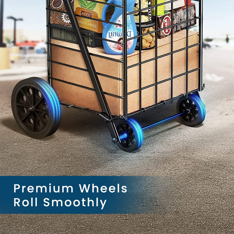 Cheston Shopping Trolley with Wheels I Compact Folding Cart for Carrying Goods, Grocery, Vegetables, Sports Equipments I 360° Rolling Wheels I Lightweight Easy to Move Holds up to 80Kg I Black