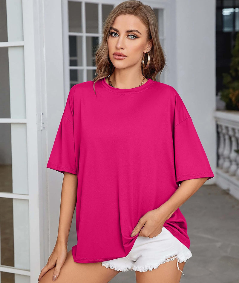 London Hills Women's Casual Round Neck Solid, Oversized Longline Drop Shoulder T-Shirt Green_ Magenta