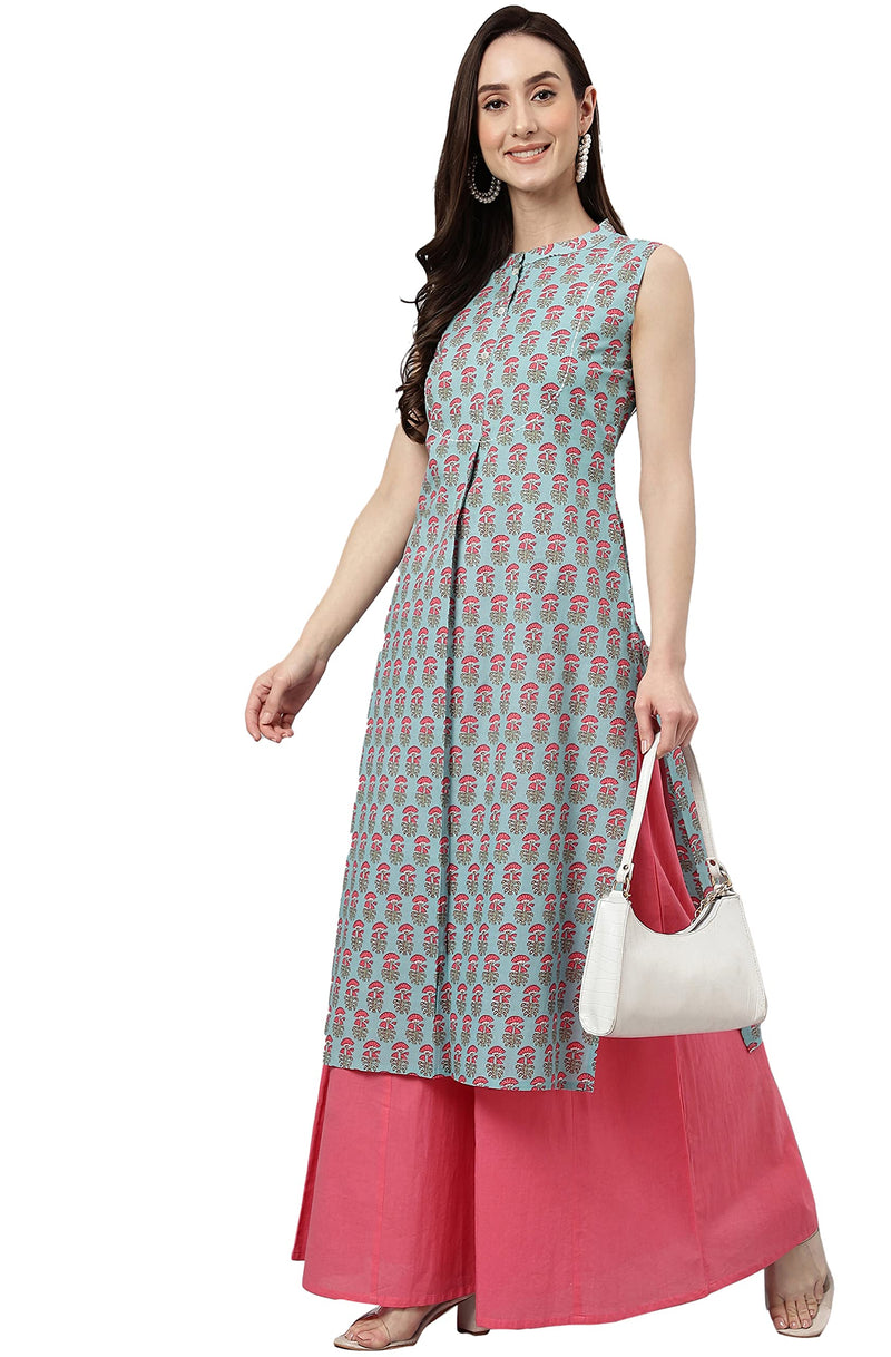 Janasya Women's Aqua Blue Cotton Block Print Straight Kurta(JNE4029-KR-XXXL)