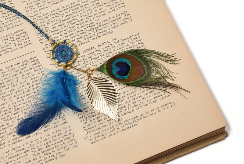 Rooh Dream Catcher Peacock Feather Bookmark (Can be Used as Home Decor, Gift, Wall Hangings, Meditation Room, Yoga Temple, Wind Chime & Car Feather Hanging)