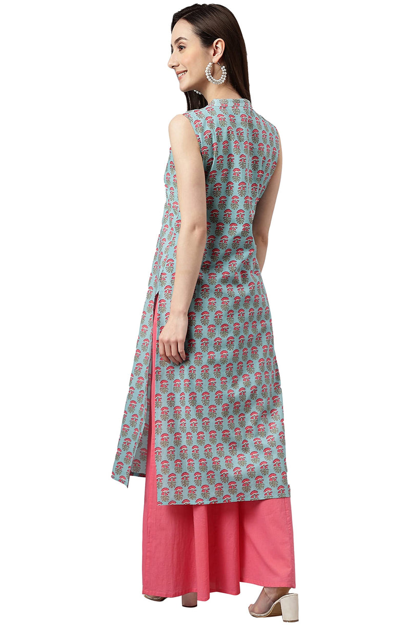 Janasya Women's Aqua Blue Cotton Block Print Straight Kurta(JNE4029-KR-XXXL)