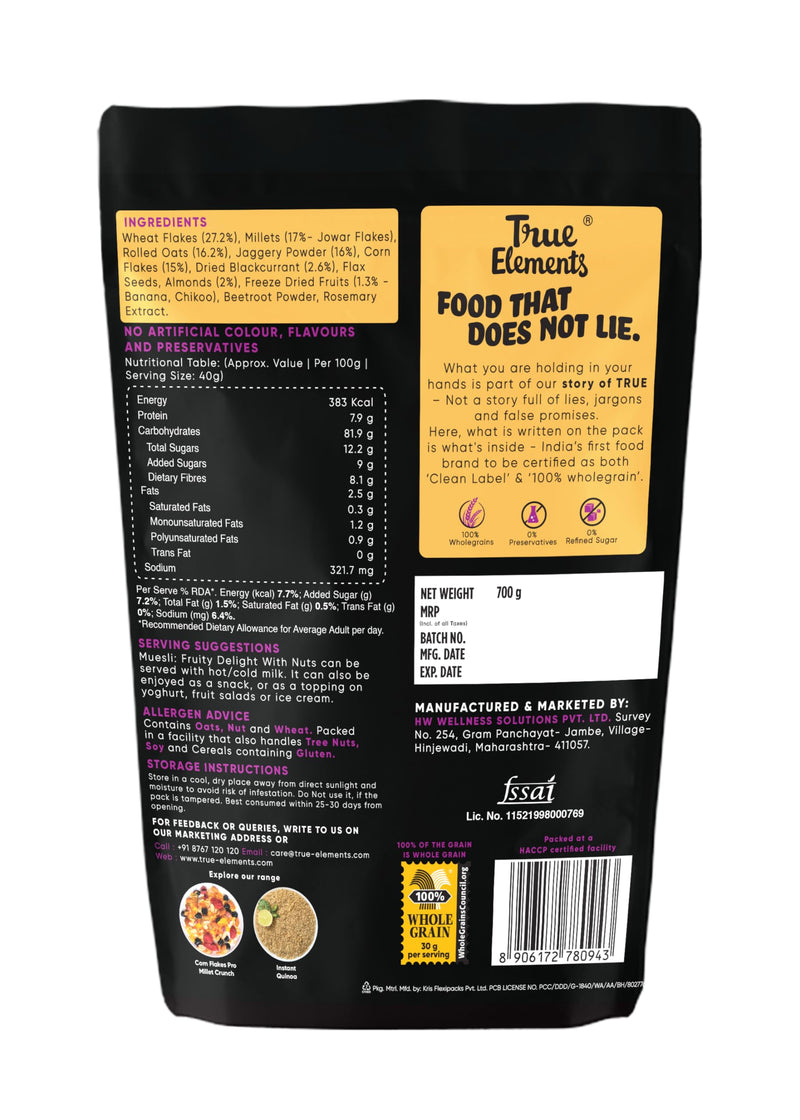 True Elements Muesli Fruity Delight 700gm | Natural Fruits & Nuts | Cereal for Breakfast | Rich In Fibre and Gluten Free Muesli