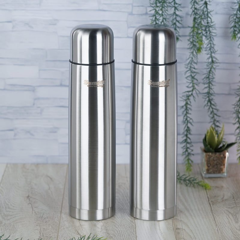 Sumeet Stainless Steel Double Walled Vacuum Flask/Water Bottle, with Flip Lid, 24 Hours Hot and Cold, 1000 ml, Silver - Set of 2 Pcs