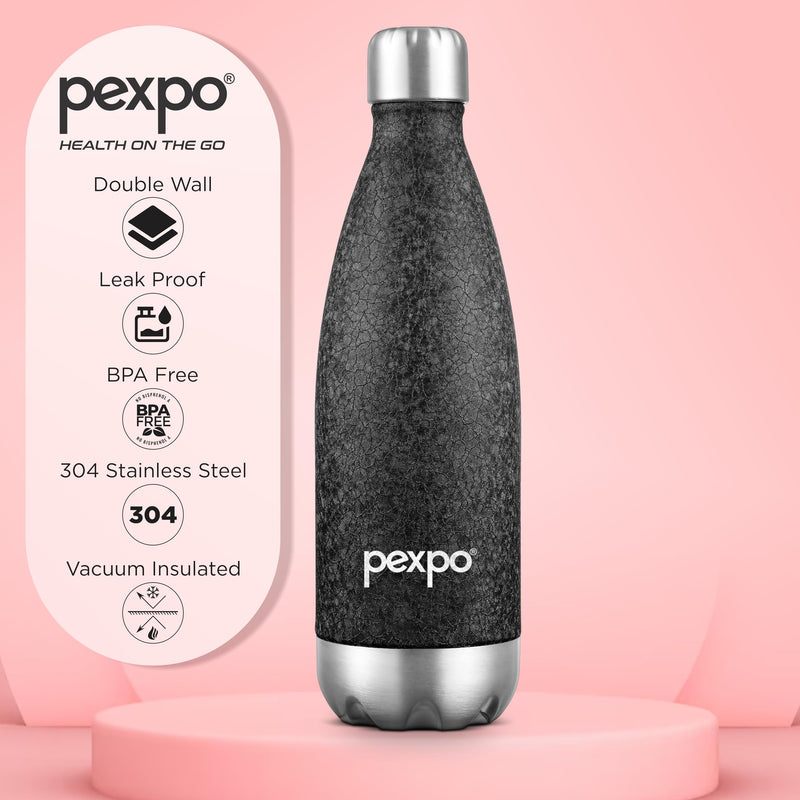 Pexpo Stainless Steel 24 Hrs Hot and Cold Vacuum Insulated ISI Certified Flask, 500ml, Black, Set of 1, Electro | Double Wall Flask | BPA Free | Office | School | Home | Kitchen | Travel | Hiking