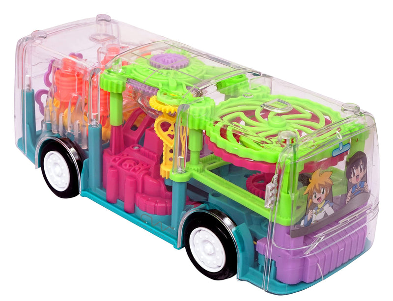 Cable World Transparent 3D Bus Toy 360 Degree Rotation, Gear Simulation Mechanical Bus Sound and Light Toy for 2-5 Years Boys and Girls