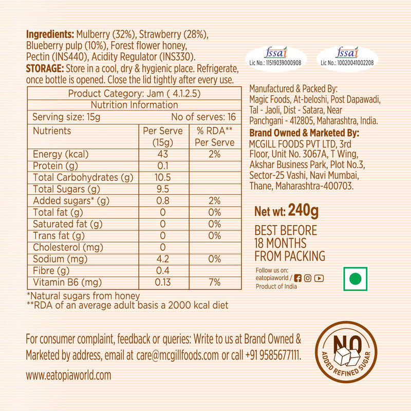 Eatopia Mixed Berry Honey Jam - 240 GMS