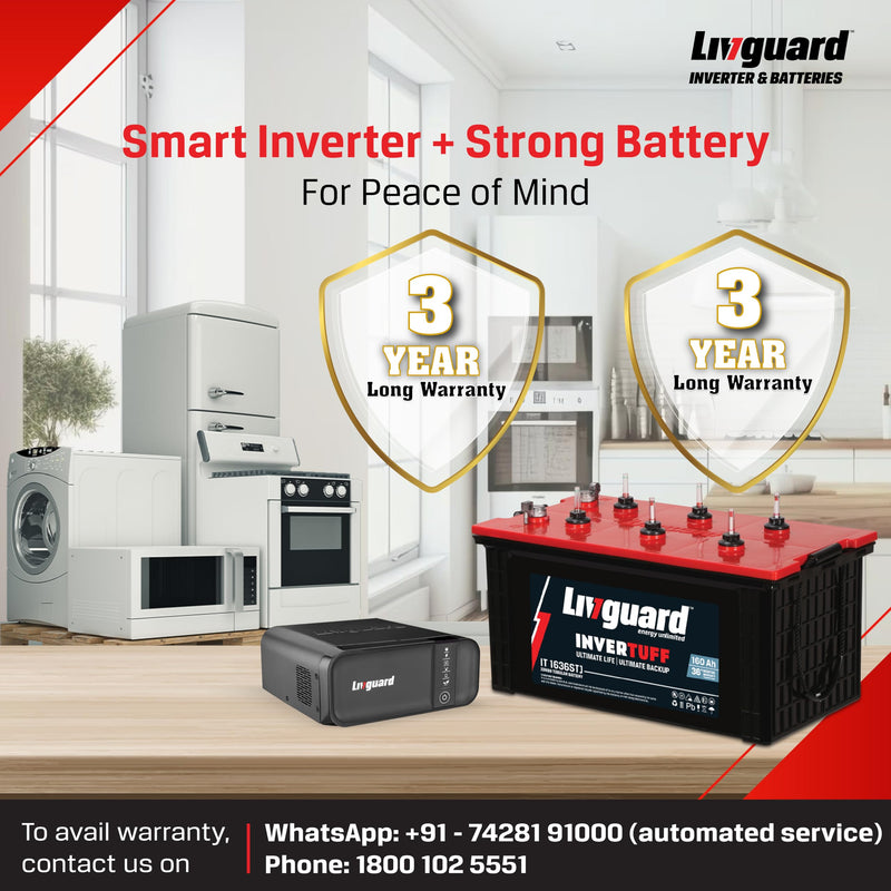 Livguard LG1100 | 900 VA/12V Inverter | IT 1636STJ 160 Ah Battery | 36 Months Warranty | Inverter and Battery Combo for Home and Office | Free Installation