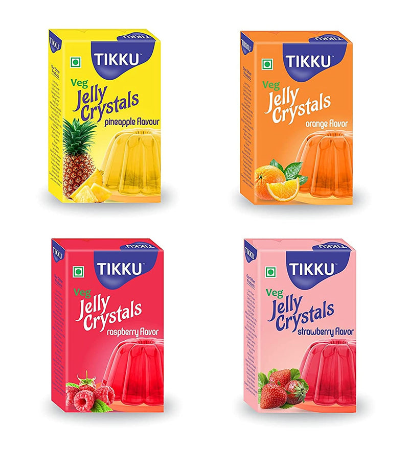 Tikku Jelly Crystals pack of 4 (400 gm) (All Flavours - Pineapple, Orange,Raspberry, Strawberry)