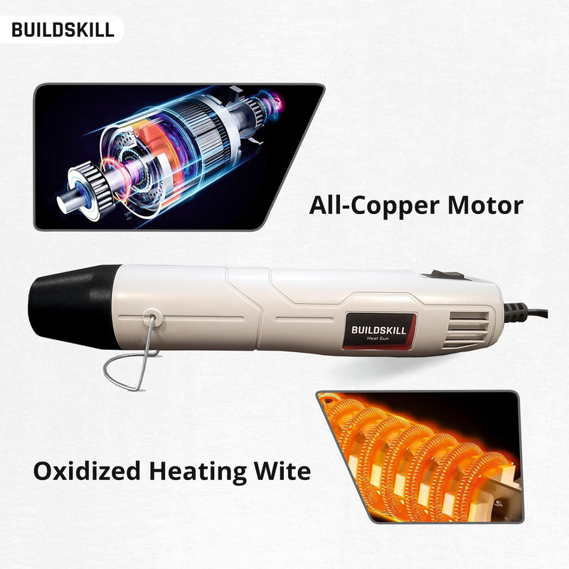 Buildskill Heat Gun 400W, Ergonomic Pistol Grip, Lock-On Button, Spherical Nozzle - Hot Air Blower for Stripping Paint, Shrink Wrapping, Mobile Repair, Strong Built, Ideal for Home and Shopkeeper