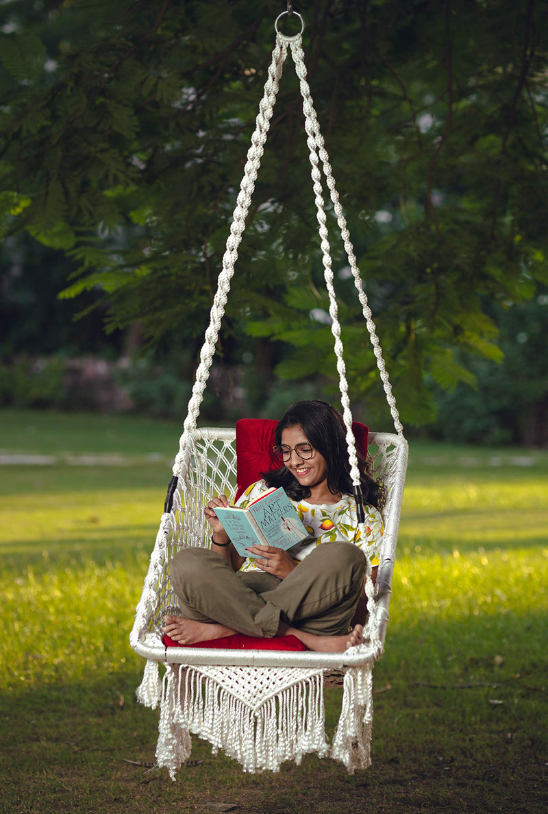 Patiofy Premium Rectangle Shape Swing/Swing for Balcony/Swing for Adults/Swing Chair for Adults for Home/Hammock Swing for Adults/Jhoola Jhula for Adults with Red Square Cushion & Hanging Kit- White