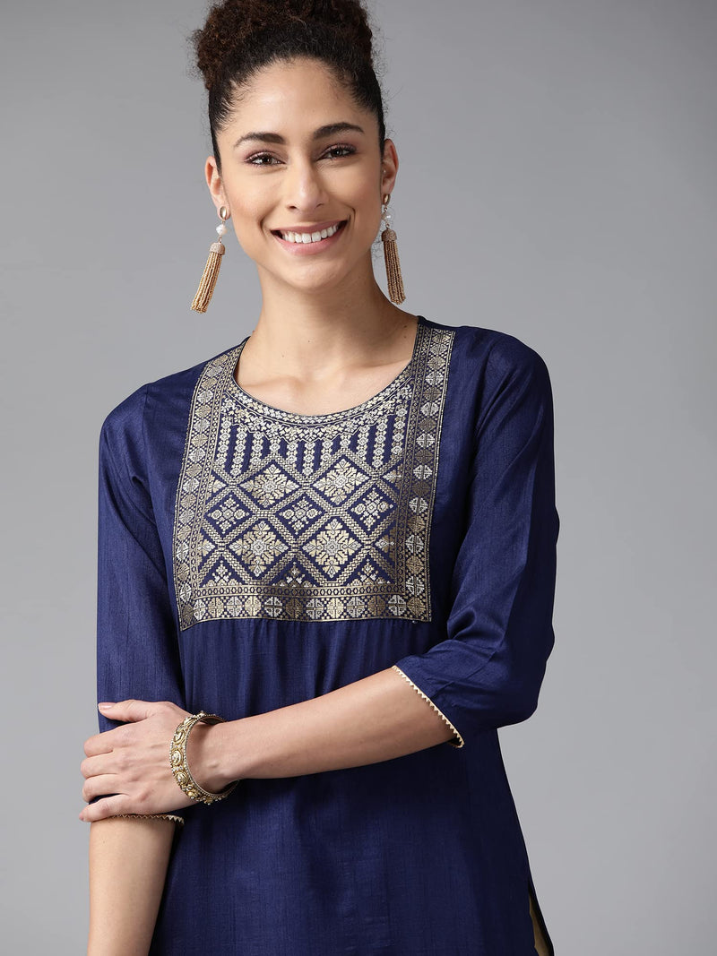 INDO ERA Women's Yoke Design Polyester Calf Length Straight Kurta (KT9NB2753_Navy Blue_Small)