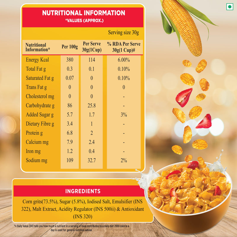 Kwality Corn Flakes 800g | Made with Golden Corns | 99% Fat Free, Natural Source of Vitamin & Iron | High in Protein & Fiber | Healthy Food & Breakfast Cereal | Low Fat & Cholesterol